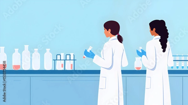 Fototapeta Two scientists in white lab coats conduct experiments with test tubes and beakers in a laboratory setting.