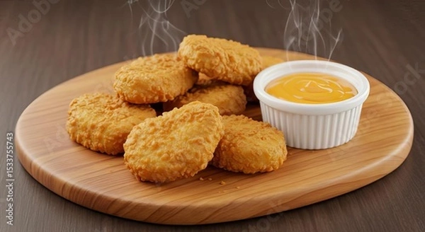Obraz A stack of chicken nuggets with dipping sauce on a wooden board with steam rising from the nuggets
