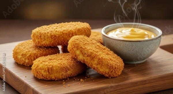 Obraz Golden fried mozzarella sticks with dipping sauce on a wooden board ready to be served hot