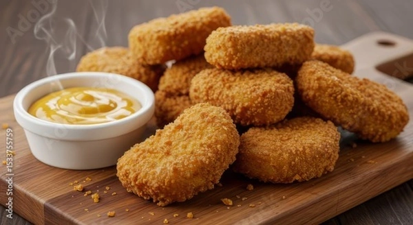 Obraz Close up shot of chicken nuggets with dipping sauce on a wooden board ready to be eaten quickly now