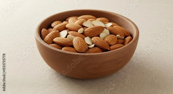 Obraz A brown bowl filled to the brim with almonds and a few sliced almonds on a light colored surface
