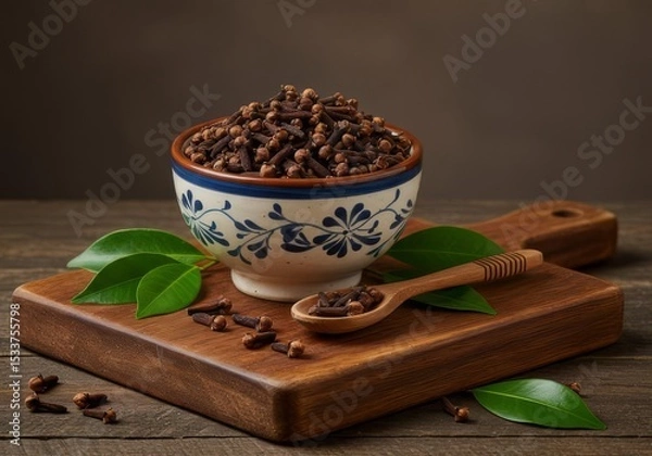 Obraz Still life of cloves in a bowl and spoon on a wooden board with green leaves on a wooden surface