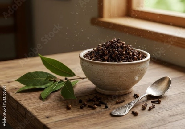 Obraz Still life of cloves in a bowl with bay leaves and a spoon on a wooden table near a window sill