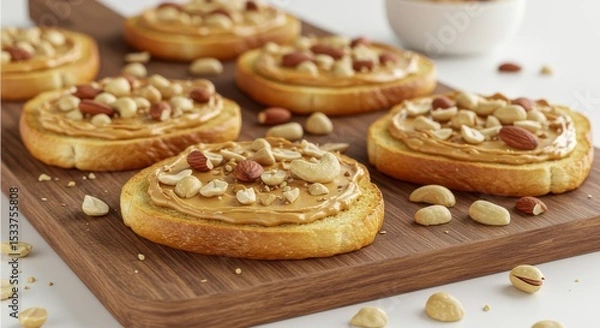 Obraz Peanut butter toast with nuts on a wooden board, a delicious and healthy breakfast or snack option