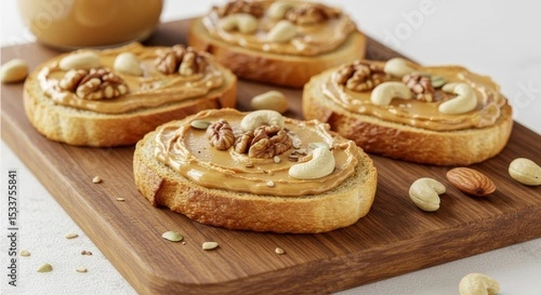 Obraz Peanut butter toasts topped with walnuts and cashews on a wooden board for a tasty snack idea