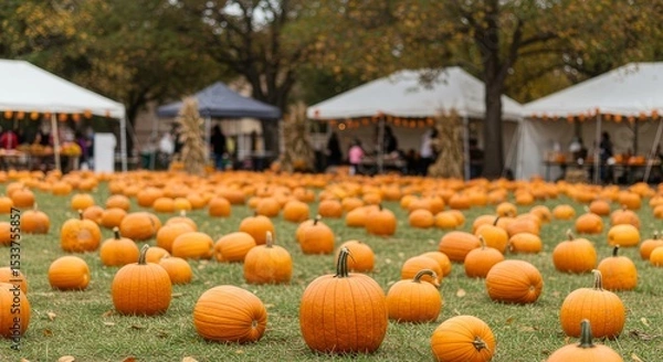 Obraz A large pumpkin patch with many orange pumpkins scattered across the green grass and white tents behind it