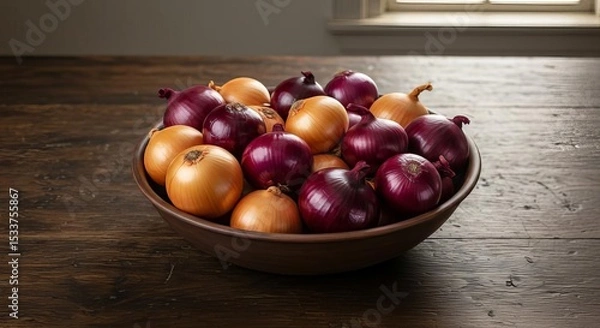Obraz A bowl filled with a mix of yellow and red onions sitting on a wooden table near a window light