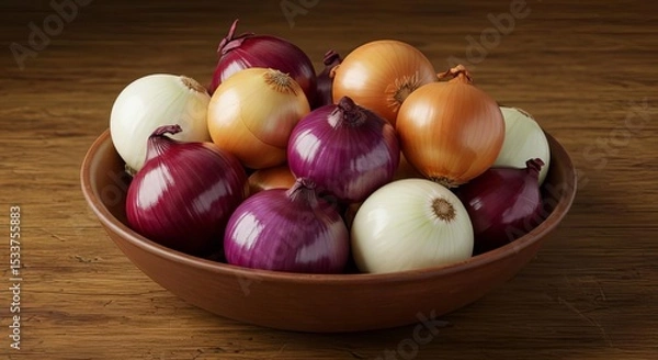 Obraz A bowl full of onions of different colors on a wooden table top in a studio shot environment