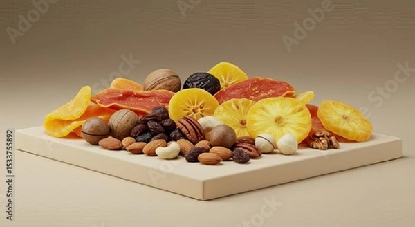 Obraz Still life of dried fruits and nuts arranged on a light colored square platform in a studio setting