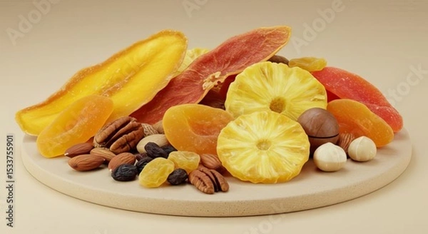 Obraz Close up of dried fruits and nuts on a wooden board against a light beige colored background