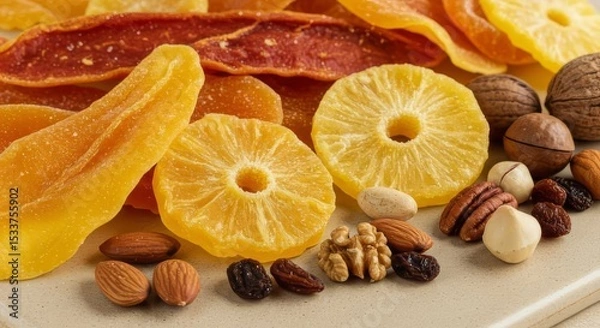 Obraz Close up shot of assorted dried fruits and nuts including pineapple mango and walnuts on a plate