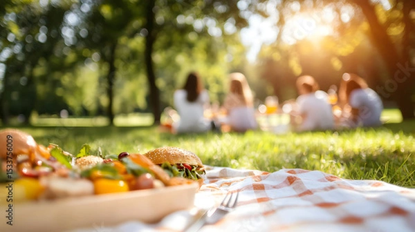 Obraz A blurred group of friends enjoys a sunny picnic in a green park, with a focus on a delicious burger and colorful food on a checkered blanket.
