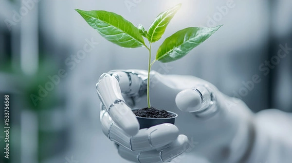 Obraz A robotic hand gently holds a small plant sprout growing from soil, symbolizing the fusion of technology and nature.