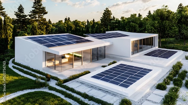 Obraz Modern white house with flat roofs covered in solar panels, surrounded by greenery and trees under a partly cloudy sky.