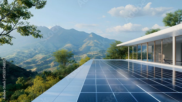 Obraz Modern building with solar panels on the roof overlooks a lush green valley and mountain range under a partly cloudy sky.