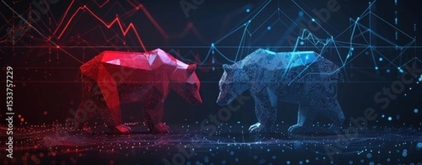 Obraz modern stock market background with red and blue glowing bear and bull, trading charts, low poly wireframe, digital graphics on dark background