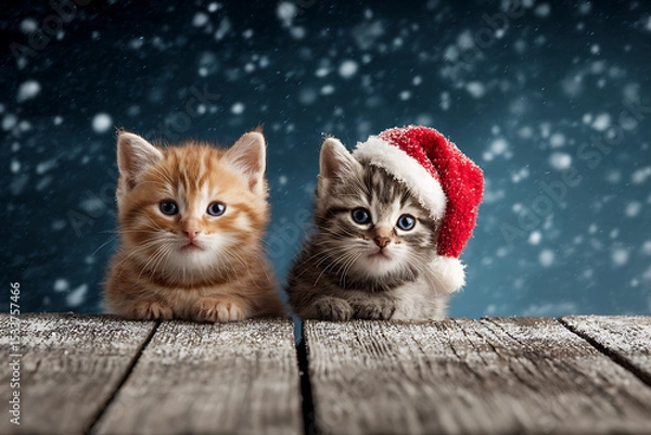 Fototapeta Adorable Christmas Kittens in Santa Hats on Snowy Wooden Background