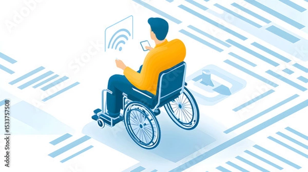 Obraz A person in a wheelchair uses a smartphone amid digital icons, symbolizing accessibility and technology integration for people with disabilities.