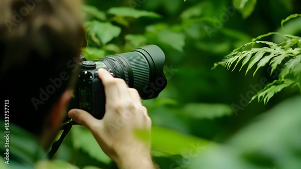 Obraz A photographer captures close-up images of lush green foliage using a DSLR camera in a natural outdoor setting.