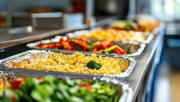 Fototapeta A photo of food in lunch boxes on the school canteen counter, with some vegetables and pasta. The background is blurred to emphasize focus on one or two food items.