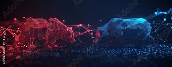 Obraz modern stock market background with red and blue glowing bear and bull, trading charts, low poly wireframe, digital graphics on dark background