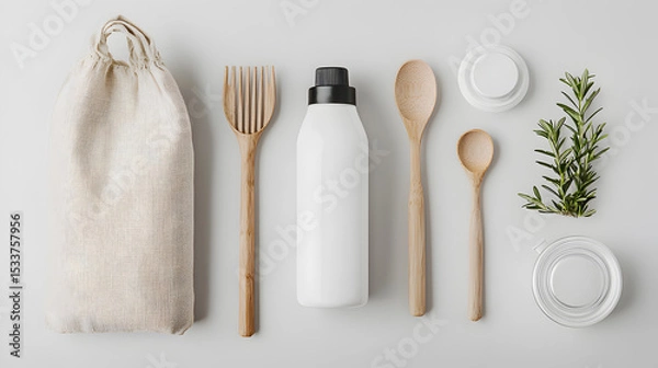 Obraz Eco-friendly kitchen essentials including wooden utensils, reusable containers, a cloth bag, and fresh herbs arranged neatly on a light surface.