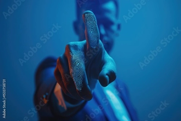 Obraz Photo of a Businessman with the digital identity concept, finger print biometric security on a blue background.