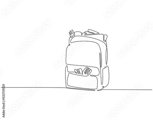 Fototapeta Continuous one line drawing of opened backpack with stationary. One line drawing illustration of backpack and school tools. School accessory, back to school concept single line. Editable outline