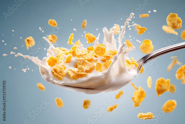 Fototapeta Crispy Corn Flakes with Milk Splash in Mid-Air Motion