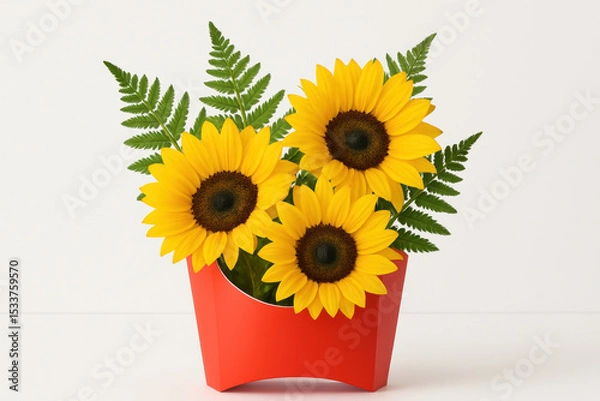Obraz creative fast food concept featuring sunflowers and green fern leaves arranged in a red french fry container for imaginative design
