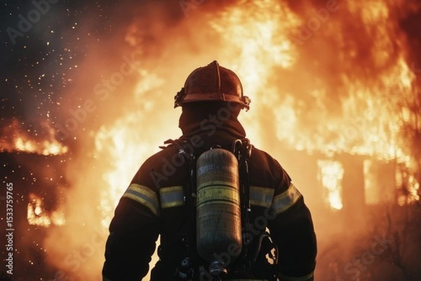 Obraz Firefighter battling a house fire, with flames and smoke in the background. A firefighter wearing protective gear,