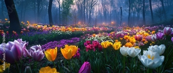 Obraz A photo of the tulip garden in spring, at night with fog and colorful lights. The park is full of trees and various flowers such as yellow daffodils,