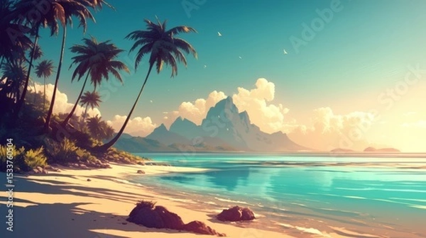 Fototapeta Serene Tropical Beach Scene with Mountains and Palm Trees at Sunset