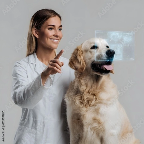 Fototapeta Veterinarian pointing to holographic health chart with golden retriever