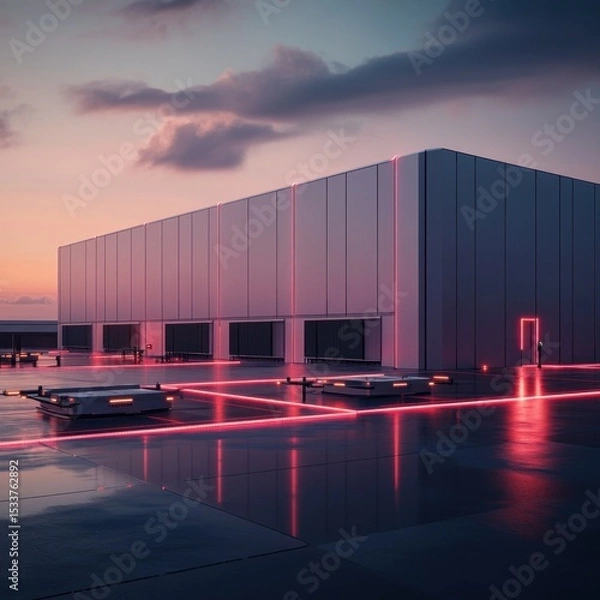 Obraz Futuristic Warehouse at Sunset, Automated Logistics and Neon Glow