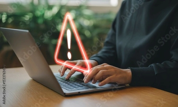 Fototapeta Person using laptop with warning sign alert online security risk