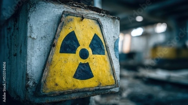 Fototapeta Rusted radioactive warning sign attached to decaying concrete pillar, symbolizing nuclear hazard within abandoned industrial site