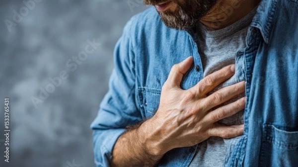 Fototapeta Male with beard clutching chest, grimacing from sharp chest pain suggesting potential cardiac distress or medical urgency