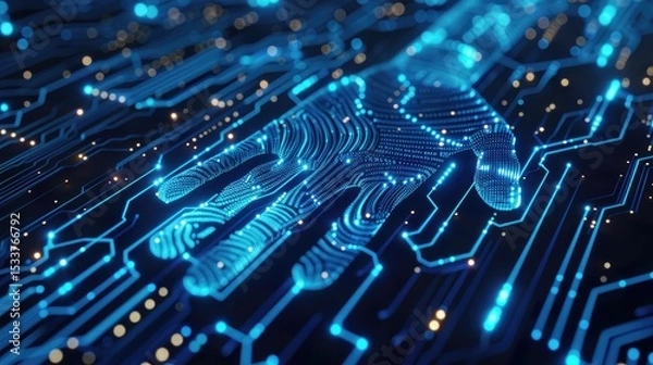 Obraz Resting on a circuit board, blue glowing lines and dots form the outline of a hand palm with finger print patterns.