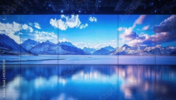 Obraz Huge LED screen showing the beautiful scenery of Qinghai Lake in China, with snow-capped mountains and clear blue waters.