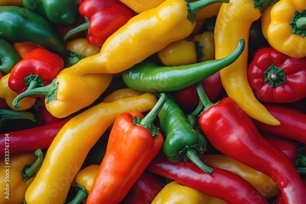 Obraz A pile of colorful peppers and yellow banana peppers, ready for the market in an organic farm setting.