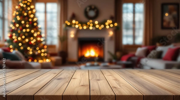 Fototapeta Festive living room backdrop with empty wooden table in foreground, Christmas atmosphere for holiday and gatherings