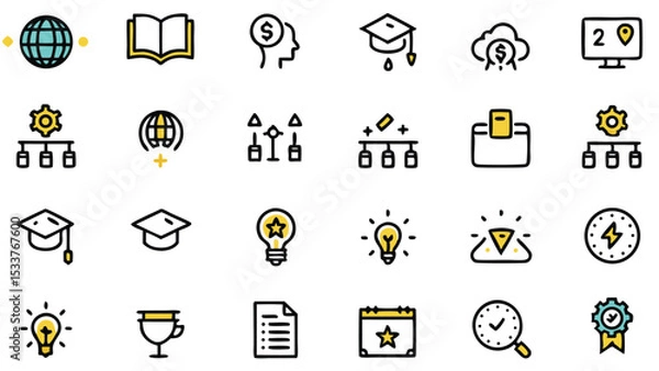 Fototapeta Diverse icons illustrating knowledge innovation and financial management for design and web use
