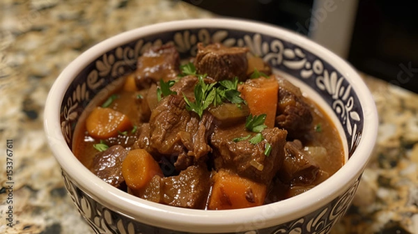 Fototapeta Cabbage rolls in a hearty stew with carrots rice and ground meat served in a gray bowl on a concrete backdrop Cabbage recipes, Generative AI
