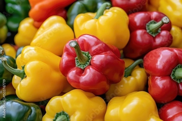 Obraz A pile of various peppers, including yellow and red peppers, in an organic market setting. The background is blurred to emphasize the colorful array of bell peppers.