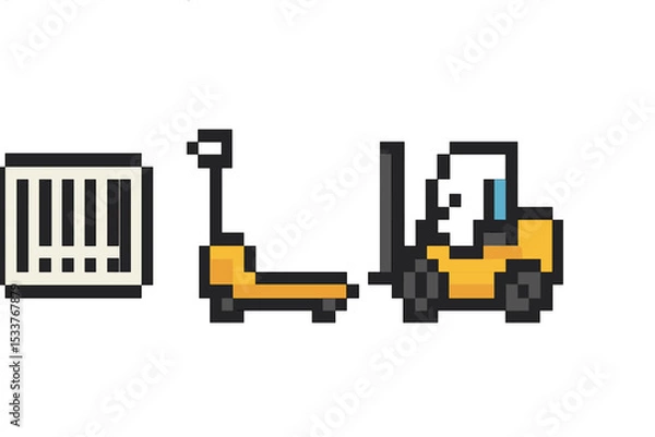 Obraz Pixel art forklift and pallet in yellow and black with gray background