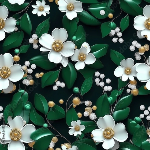 Fototapeta Seamless botanical pattern featuring vibrant 3D white flowers with golden centers, lush green leaves, and clusters of white and gold berries, all set against a rich, dark background.