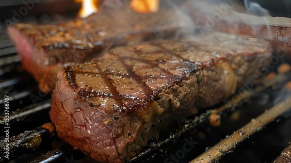 Fototapeta Juicy steak with side sauce, garnished with herbs, set beside a small bowl of sauce A close-up of a juicy steak sizzling on a stainless grill, flames licking the sides of the meat, Generative AI
