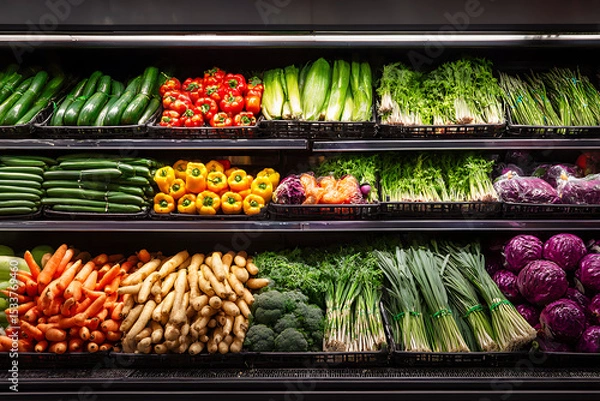 Fototapeta Organic Assorted Vegetables Arranged Neatly on Grocery Shelves