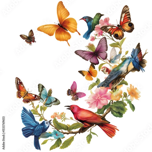Obraz Vintage illustration of butterflies and birds on floral branch design on transparent background